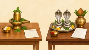 महाकालेश्वर की आधिकारिक सेवा और निजी काल सर्प पूजा बुकिंग में फर्क - शिवलिंग और नाग पूजा की अलग थालियों का सांकेतिक चित्र