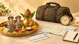 उज्जैन में काल सर्प दोष पूजा के लिए एक दिन की यात्रा - पूजा थाली, यात्रा बैग, नक्शा और घड़ी का सांकेतिक चित्र
