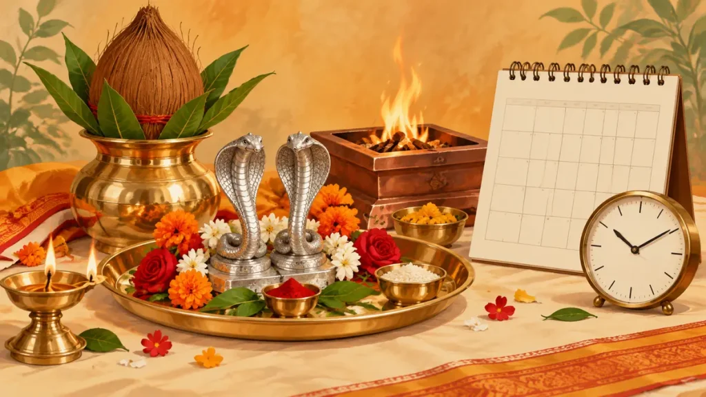 काल सर्प दोष पूजा के बाद असर कब दिखता है - नाग प्रतिमा, हवन, कैलेंडर और घड़ी का सांकेतिक चित्र
