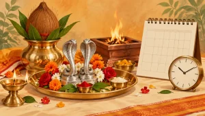काल सर्प दोष पूजा के बाद असर कब दिखता है - नाग प्रतिमा, हवन, कैलेंडर और घड़ी का सांकेतिक चित्र