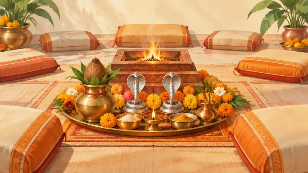 काल सर्प पूजा में परिवार के सदस्य साथ बैठ सकते हैं - नाग प्रतिमा, हवन और परिवार के आसनों का सांकेतिक चित्र